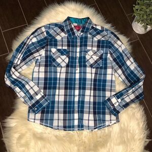 Patrona USA turquoise/navy plaid pearl snap sz LG